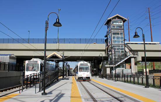 The Sheridan RTD light rail station : The station's address is 1198 Sheridan Boulevard, Denver, Colorado. Sheridan Boulevard is the border between Denver and Lakewood, and the station occupies space on both sides of the border.