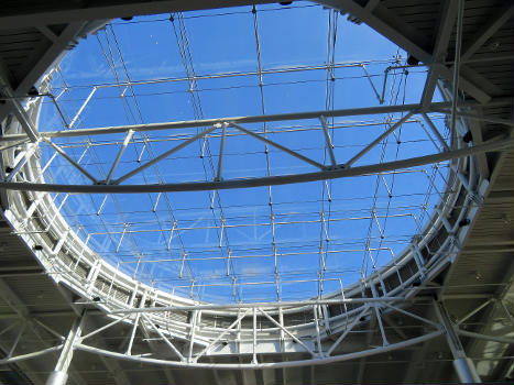 The skylight over the fare lobby at Milpitas station on the first day of service in June 2020