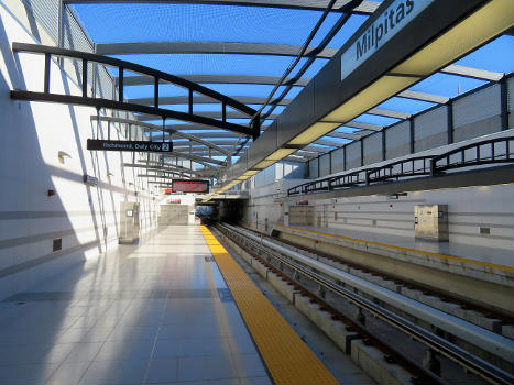 The south end of the Milpitas station platforms on the first day of service in June 2020
