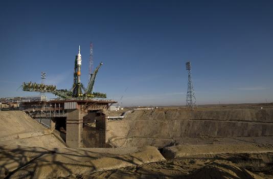 Parabolic antenna at the Baikonur Cosmodrome — in Baikonur City , Kazakhstan : The Soyuz was scheduled to launch the crew of Expedition 19 and a spaceflight participant on March 26, 2009.