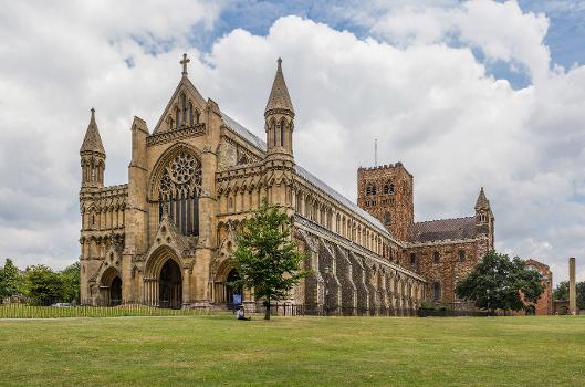 St Albans Cathedral viewed from the west in Hertfordshire, England.