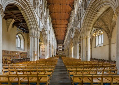 The nave of St Albans Cathedral in Hertfordshire, England.