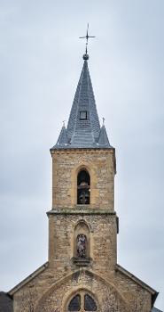 Bell tower of the Saint Christopher church in Peyre in commune of Comprégnac, Aveyron, France