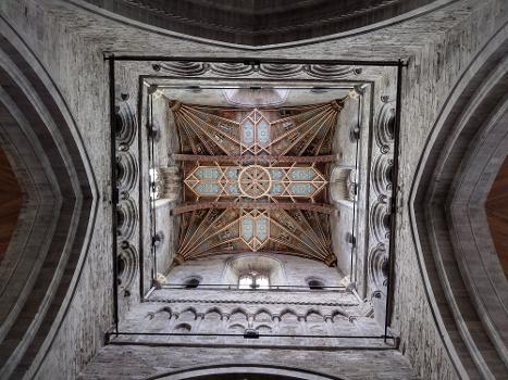 The ornate ceiling of the main tower of the cathedral in St David's, Wale