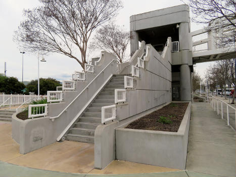 Staircase to the footbridge to Great Mall/Main Transit Center in March 2018