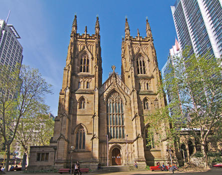 St Andrews Anglican Cathedral, Sydney, west front - architect Edmund Blacket 1856. 
Mother Church of the Diocese of Sydney, built of Sydney sandstone in the Victorian era, in the Perpendicular Gothic style of 15th century England.