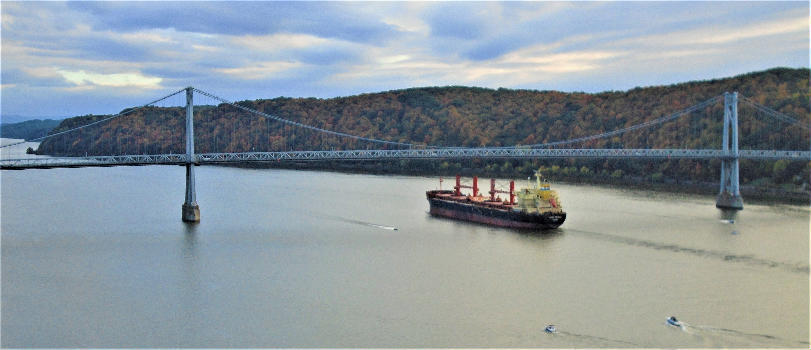 The view from the Walkway of the tanker passing under the Mid-Hudson Bridge.
