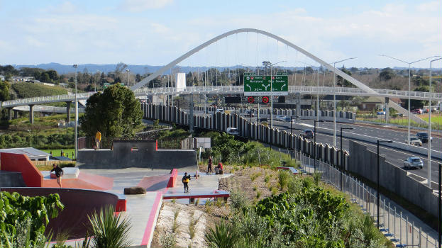 Te Whitinga Footbridge : Te Whitinga Footbridge (formerly known as Hendon Footbridge), the Valonia Street Skatepark and landscaping around the approach to the southern portal of the Waterview tunnel. The tunnel opened 2 July 2017. Auckland Libraries Heritage Collections 1477-5602