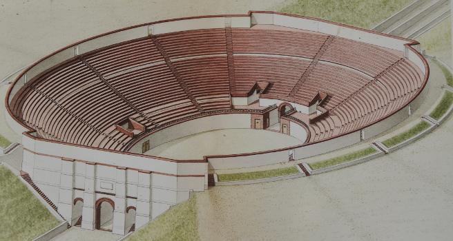 The amphitheatre as seen from the western access in Roman times (around 240 AD), Augusta Raurica, Switzerland