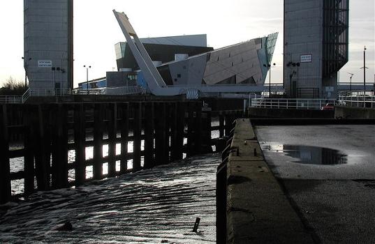 The River Hull:The River Hull Tidal Surge Barrier, the Millennium Footbridge and 'The Deep' at the mouth of the River Hull, looking south from underneath the A63 road bridge.