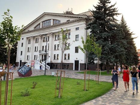 Eastern facade of the Drama Theater, in Mariupol