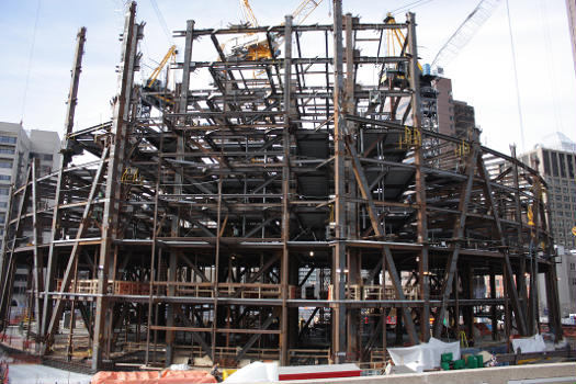 View of The Bow construction site, April 20, 2009, looking toward the southwest, taking from the Telus Tower.