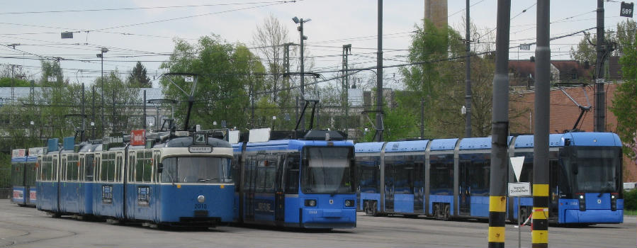 Classes P, R and S of Tramway Munich at depot Einsteinstraße in April 2014