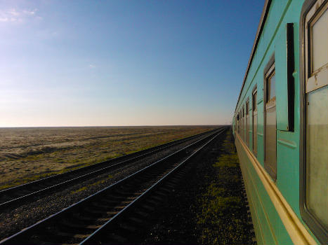 Turkestan–Siberia railway in southern steppe of Kazakhstan.