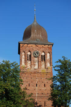 The tower of the Protestant church St. Jacob of Gingst, Rügen, Mecklenburg-Vorpommern.