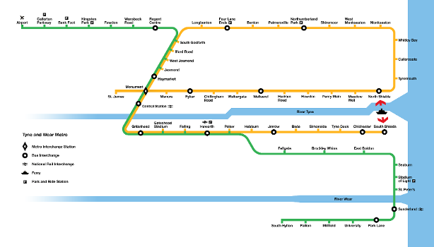 Transitatipn
map of the Tyne and Wear Metro, a light rail network serving Newcastle upon Tyne and Sunderland : Based on the official Metro map -