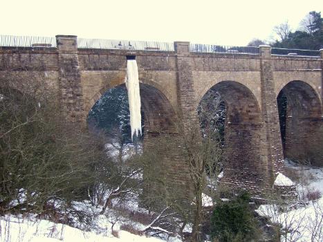 Frozen icicle at the Almond Aqueduct overflow channel of the Union canal, near Ratho, Edinburgh