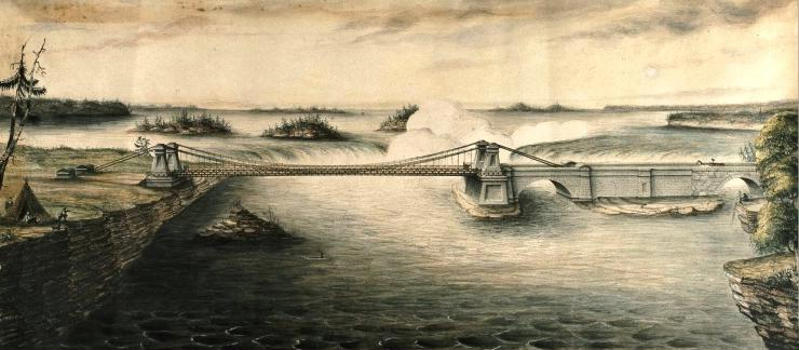 Print, Union Suspension Bridge, Ottawa River, Bytown
Preston Frederick Rubidge, 1843, Ink and watercolour on paper - Lithography - 30.3 x 66.2 cm