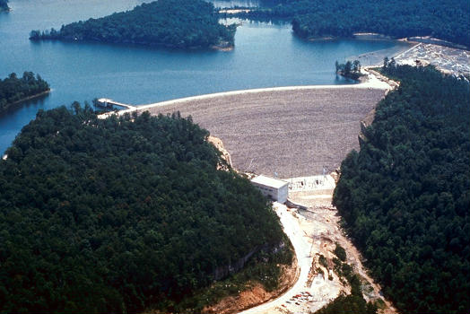 Aerial view of Laurel River Dam and Lake on the Laurel River above the confluence with the Cumberland River near Corbin, Kentucky, USA:The U.S. Army Corps of Engineers completed the dam and the lake impounded in 1974. The dam is 282 feet (86 m) high and 1,420 feet (433 m) long. The hydroelectric plant in the dam produces 74 MW of electric power.