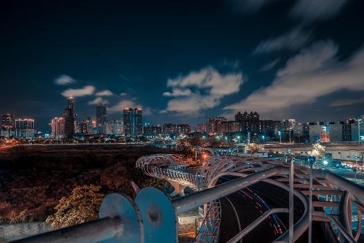 View of Kaohsiung, Taiwan night skyline from Star-of-Cianjhen Bike Bridge