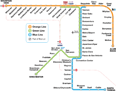 Map of the VTA light rail system (as of October 31, 2022).