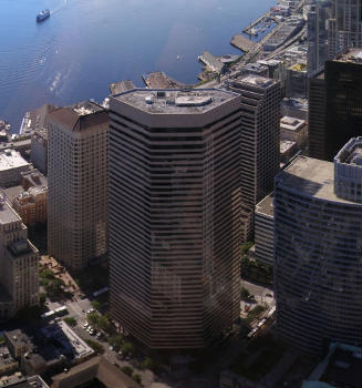 Wells Fargo Center from the 73rd floor of the Columbia Center in downtown Seattle.