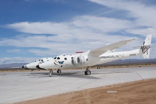 White Knight Two and SpaceShipTwo on the taxiway at Spaceport America