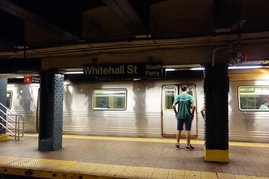 Whitehall Street – South Ferry BMT station:Looking across at the Brooklyn-bound platform from the Manhattan-bound platform of the Whitehall Street – South Ferry BMT station in the Financial District, Lower Manhattan.