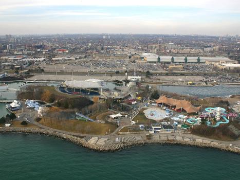 Aerial overview of Ontario Place to the north, including the Molson Amphitheatre and Ontario Place waterpark. Photo by , January 2006.