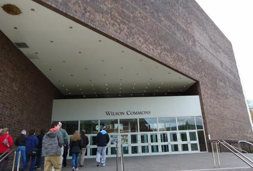 Outside Wilson Commons, looking towards one entrance, at the River Campus of the University of Rochester, in Rochester, New York