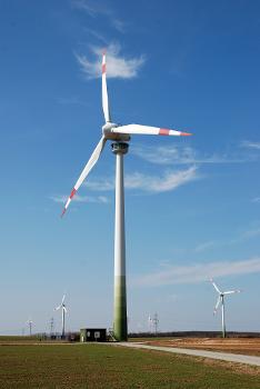 Wind turbine with an observation deck. The wind turbine is part of the wind park Bruck an der Leitha in Lower Austria.