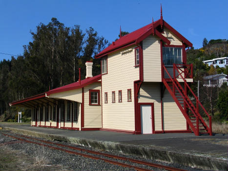 Station building and signal box of the Wingatui Railway Station, Dunedin, New Zealand.