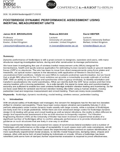  Footbridge Dynamic Performance Assessment Using Inertial Measurement Units