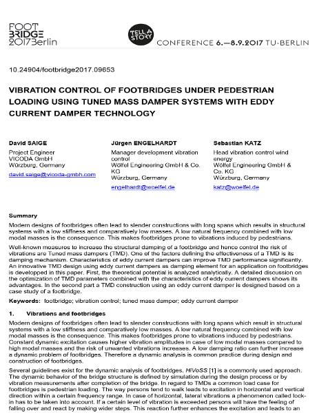  Vibration Control of Footbridges Under Pedestrian Loading Using Tuned Mass Damper Systems with Eddy Current Damper Technology