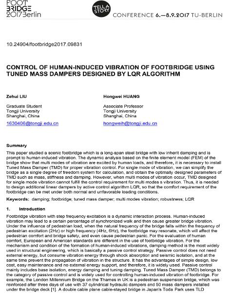  Control of Human-Induced Vibration of Footbridge Using Tuned Mass Dampers Designed by LQR Algorithm
