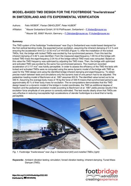  Model-based TMD Design for the Footbridge "Inwilerstrasse" in Switzerland and ist Experimental Verification