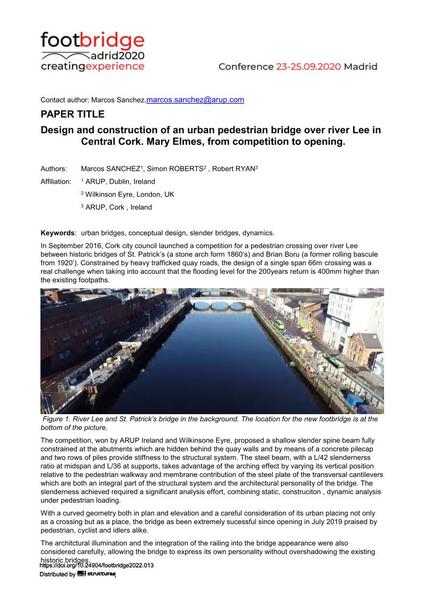  Mary Elmes, Design and Construction of an urban pedestrian bridge over river Lee in Cork City Centre. From competition to opening