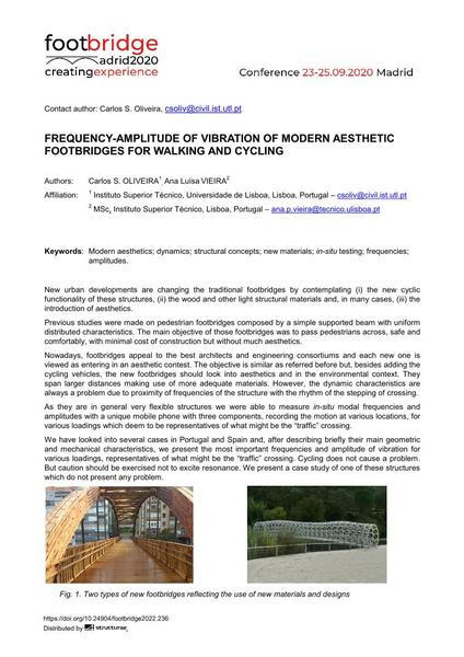  Frequency-amplitude of Vibration of Modern Aesthetic Footbridges for Walking and Cycling