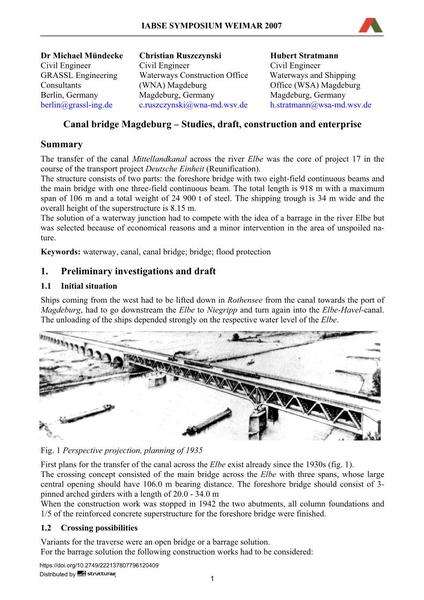  Canal bridge Magdeburg – Studies, draft, construction and enterprise