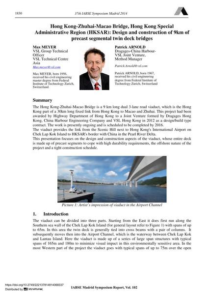  Hong Kong-Zhuhai-Macao Bridge, Hong Kong Special Administrative Region (HKSAR): Design and construction of 9km of precast segmental twin deck bridges
