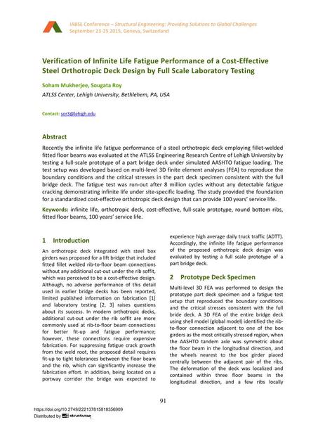  Verification of Infinite Life Fatigue Performance of a Cost-Effective Steel Orthotropic Deck Design by Full Scale Laboratory Testing