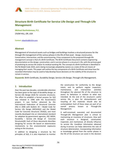 Structure Birth Certificate for Service Life Design and Through-Life Management