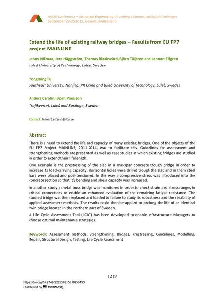  Extend the life of existing railway bridges – Results from EU FP7 project MAINLINE