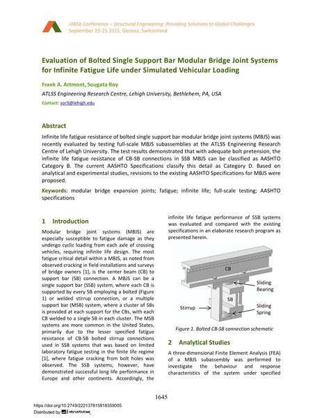  Evaluation of Bolted Single Support Bar Modular Bridge Joint Systems for Infinite Fatigue Life under Simulated Vehicular Loading