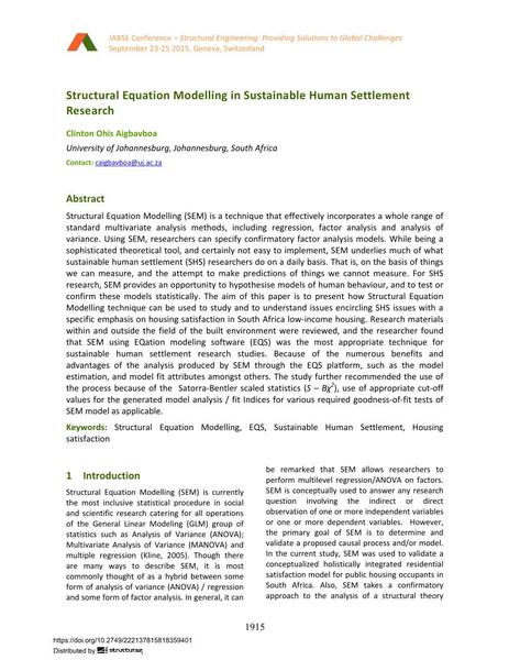  Structural Equation Modelling in Sustainable Human Settlement Research