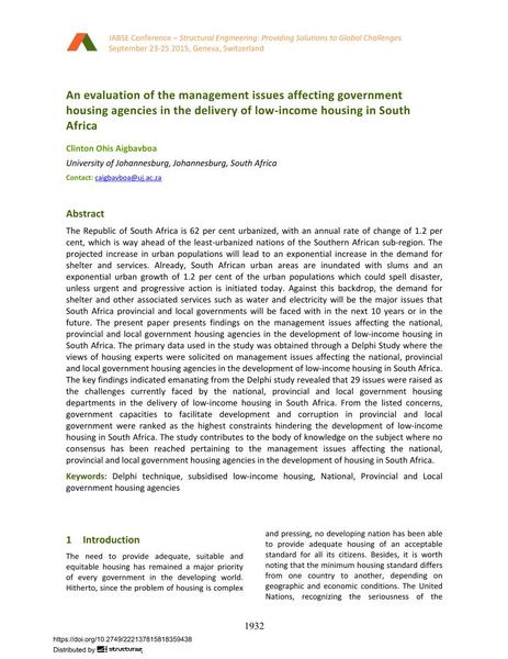 An evaluation of the management issues affecting government housing agencies in the delivery of low-income housing in South Africa