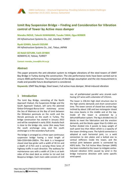  Izmit Bay Suspension Bridge – Finding and Consideration for Vibration control of Tower by Active mass damper