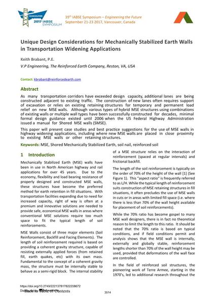  Unique Design Considerations for Mechanically Stabilized Earth Walls in Transportation Widening Applications
