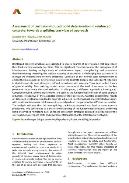  Assessment of corrosion-induced bond deterioration in reinforced concrete: towards a splitting crack-based approach