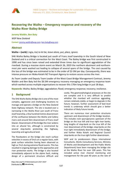  Recovering the Waiho – Emergency response and recovery of the Waiho River Bailey Bridge